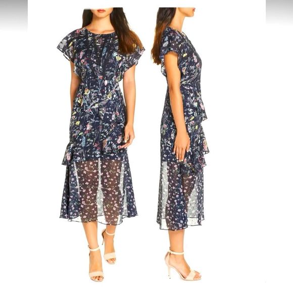 Anthropologie Foxiedox “Carolina” Navy Blue Floral Layered Semi-Sheer Midi (2) - Picture 4 of 16